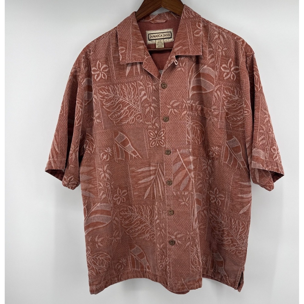 Jamaica Jaxx Mens Large Silk Jacquard Tropical Camp Shirt Terracotta Rust L